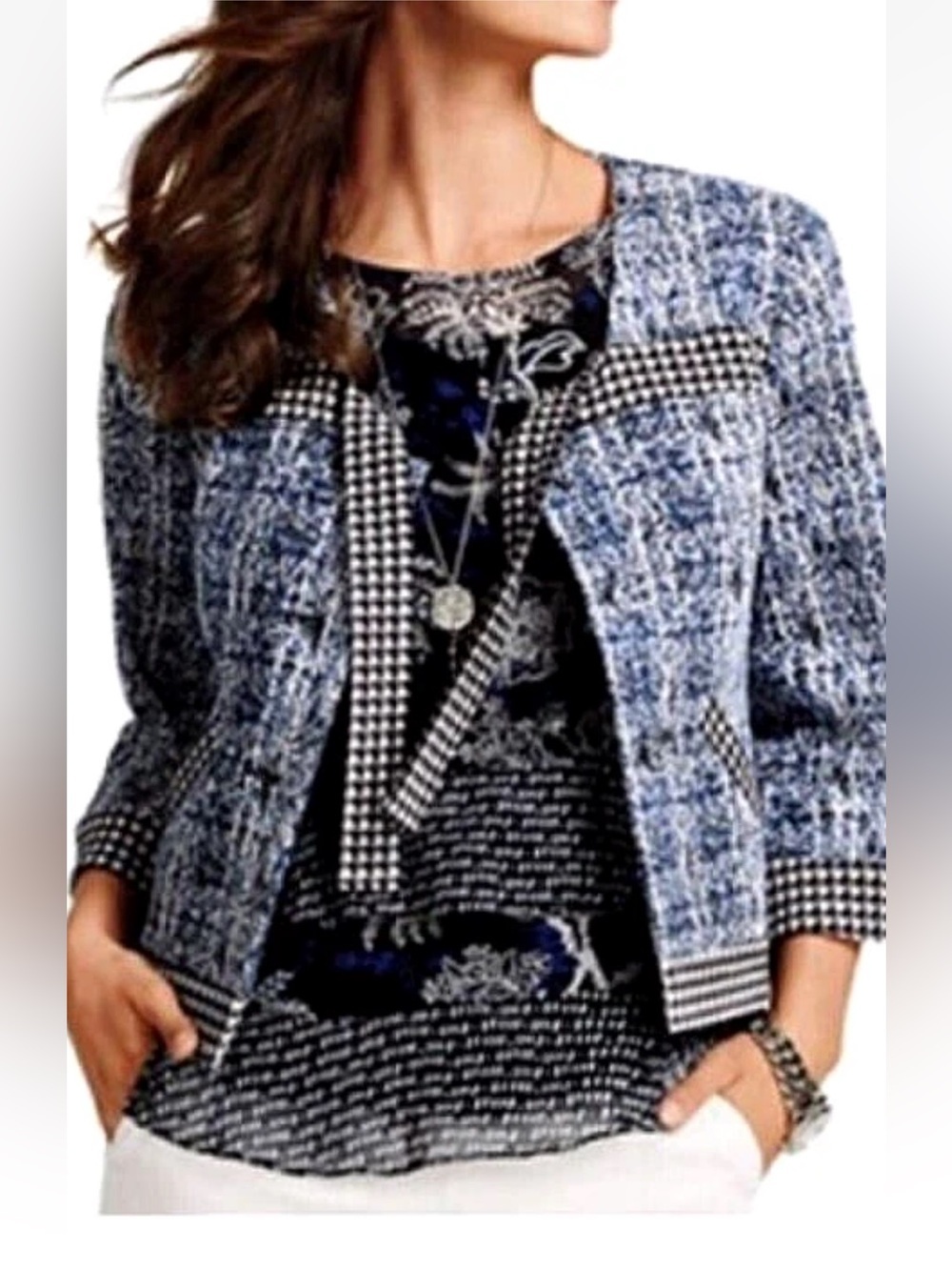 Cabi Houndstooth Blue and Black Gingham Trim Boxy Cropped SZ S Jacket